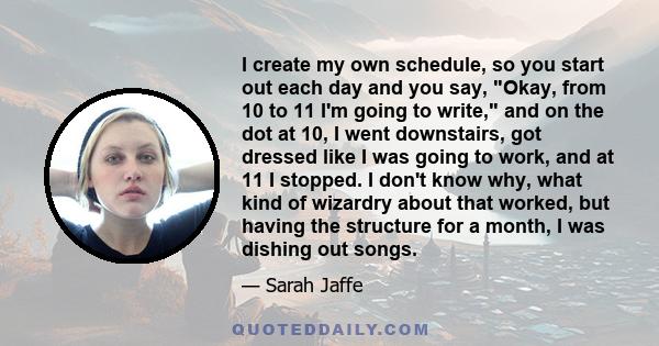 I create my own schedule, so you start out each day and you say, Okay, from 10 to 11 I'm going to write, and on the dot at 10, I went downstairs, got dressed like I was going to work, and at 11 I stopped. I don't know