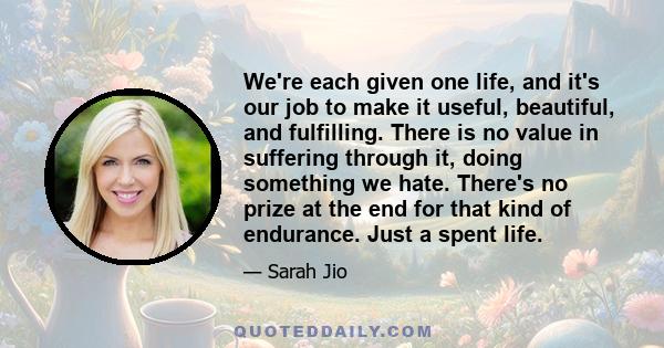 We're each given one life, and it's our job to make it useful, beautiful, and fulfilling. There is no value in suffering through it, doing something we hate. There's no prize at the end for that kind of endurance. Just