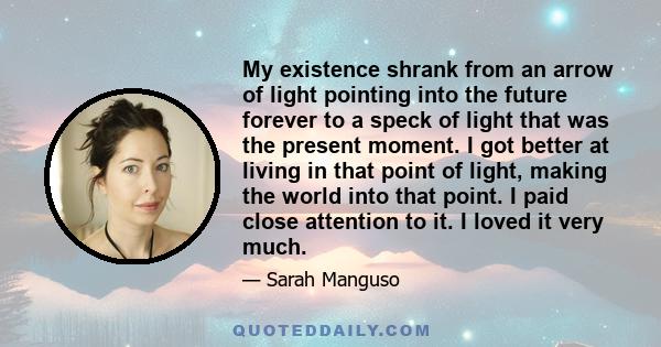 My existence shrank from an arrow of light pointing into the future forever to a speck of light that was the present moment. I got better at living in that point of light, making the world into that point. I paid close