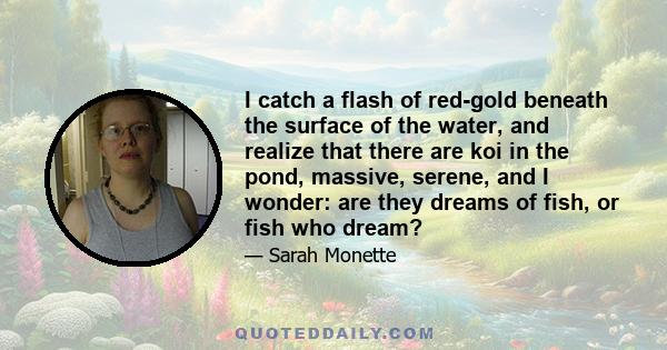 I catch a flash of red-gold beneath the surface of the water, and realize that there are koi in the pond, massive, serene, and I wonder: are they dreams of fish, or fish who dream?