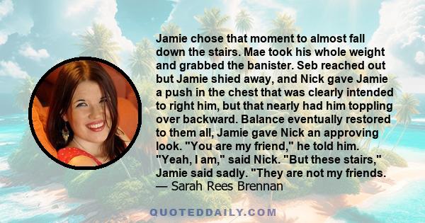 Jamie chose that moment to almost fall down the stairs. Mae took his whole weight and grabbed the banister. Seb reached out but Jamie shied away, and Nick gave Jamie a push in the chest that was clearly intended to