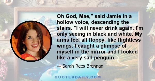 Oh God, Mae, said Jamie in a hollow voice, descending the stairs. I will never drink again. I'm only seeing in black and white. My arms feel all floppy, like flightless wings. I caught a glimpse of myself in the mirror