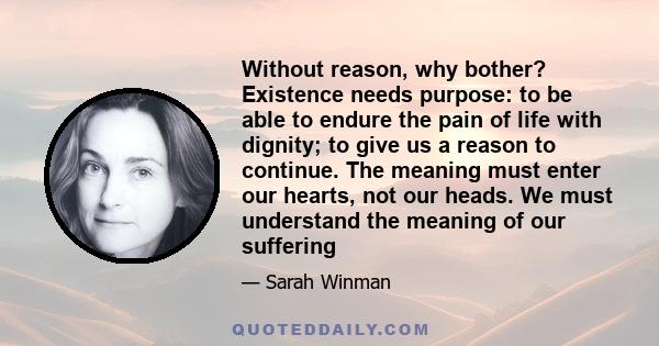 Without reason, why bother? Existence needs purpose: to be able to endure the pain of life with dignity; to give us a reason to continue. The meaning must enter our hearts, not our heads. We must understand the meaning