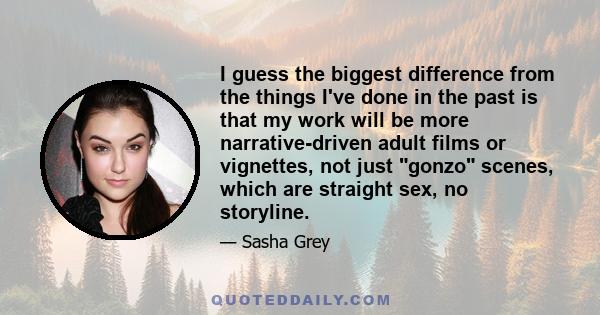 I guess the biggest difference from the things I've done in the past is that my work will be more narrative-driven adult films or vignettes, not just gonzo scenes, which are straight sex, no storyline.