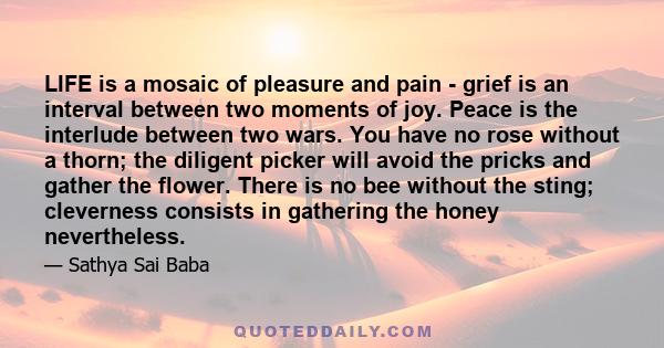 LIFE is a mosaic of pleasure and pain - grief is an interval between two moments of joy. Peace is the interlude between two wars. You have no rose without a thorn; the diligent picker will avoid the pricks and gather