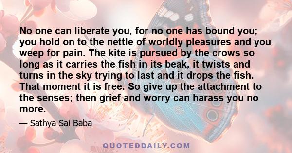 No one can liberate you, for no one has bound you; you hold on to the nettle of worldly pleasures and you weep for pain. The kite is pursued by the crows so long as it carries the fish in its beak, it twists and turns