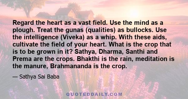 Regard the heart as a vast field. Use the mind as a plough. Treat the gunas (qualities) as bullocks. Use the intelligence (Viveka) as a whip. With these aids, cultivate the field of your heart. What is the crop that is