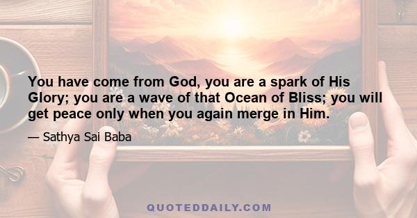 You have come from God, you are a spark of His Glory; you are a wave of that Ocean of Bliss; you will get peace only when you again merge in Him.