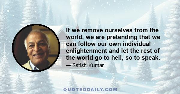 If we remove ourselves from the world, we are pretending that we can follow our own individual enlightenment and let the rest of the world go to hell, so to speak.