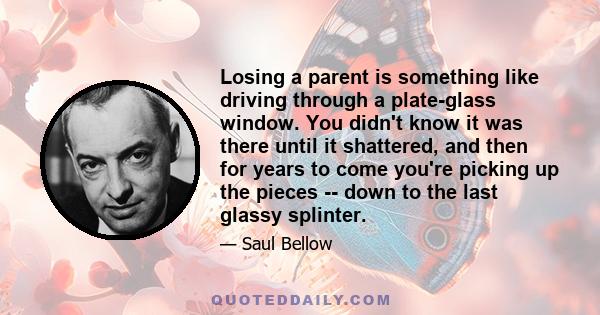 Losing a parent is something like driving through a plate-glass window. You didn't know it was there until it shattered, and then for years to come you're picking up the pieces -- down to the last glassy splinter.