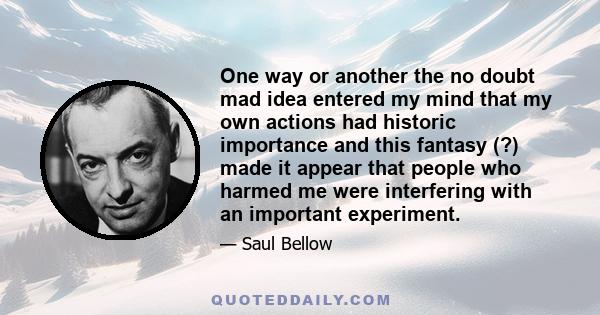 One way or another the no doubt mad idea entered my mind that my own actions had historic importance and this fantasy (?) made it appear that people who harmed me were interfering with an important experiment.