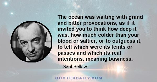 The ocean was waiting with grand and bitter provocations, as if it invited you to think how deep it was, how much colder than your blood or saltier, or to outguess it, to tell which were its feints or passes and which