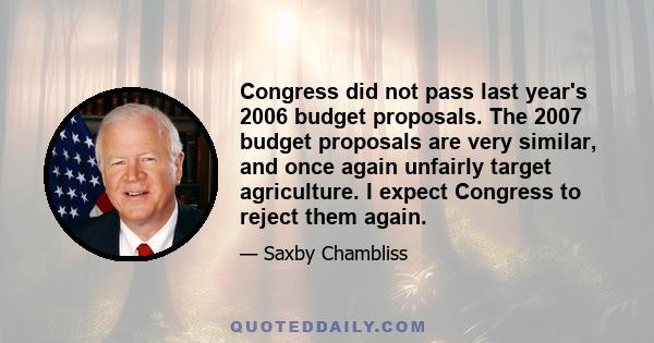 Congress did not pass last year's 2006 budget proposals. The 2007 budget proposals are very similar, and once again unfairly target agriculture. I expect Congress to reject them again.