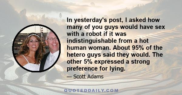 In yesterday's post, I asked how many of you guys would have sex with a robot if it was indistinguishable from a hot human woman. About 95% of the hetero guys said they would. The other 5% expressed a strong preference