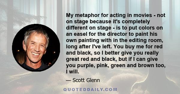 My metaphor for acting in movies - not on stage because it's completely different on stage - is to put colors on an easel for the director to paint his own painting with in the editing room, long after I've left. You