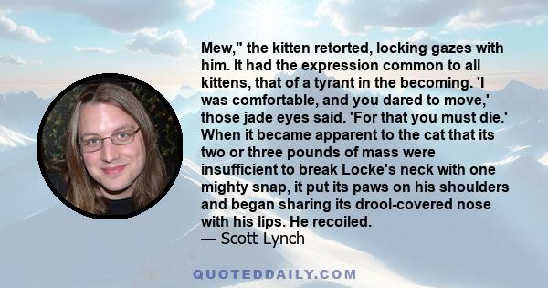 Mew, the kitten retorted, locking gazes with him. It had the expression common to all kittens, that of a tyrant in the becoming. 'I was comfortable, and you dared to move,' those jade eyes said. 'For that you must die.' 