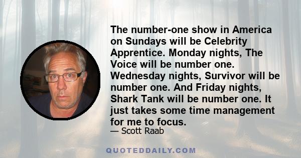 The number-one show in America on Sundays will be Celebrity Apprentice. Monday nights, The Voice will be number one. Wednesday nights, Survivor will be number one. And Friday nights, Shark Tank will be number one. It