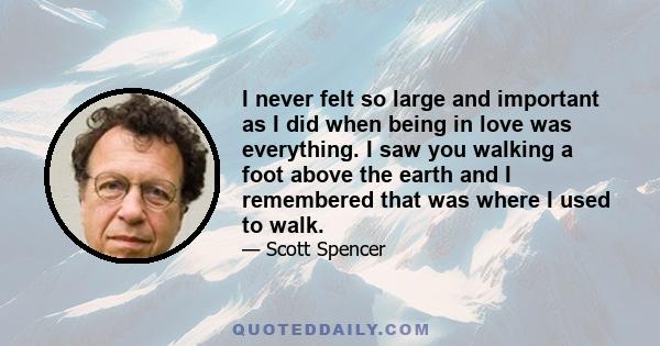 I never felt so large and important as I did when being in love was everything. I saw you walking a foot above the earth and I remembered that was where I used to walk.