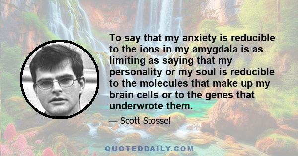 To say that my anxiety is reducible to the ions in my amygdala is as limiting as saying that my personality or my soul is reducible to the molecules that make up my brain cells or to the genes that underwrote them.