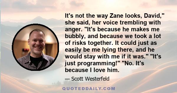 It's not the way Zane looks, David, she said, her voice trembling with anger. It's because he makes me bubbly, and because we took a lot of risks together. It could just as easily be me lying there, and he would stay