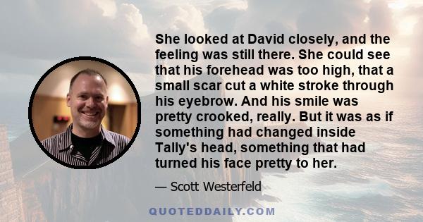 She looked at David closely, and the feeling was still there. She could see that his forehead was too high, that a small scar cut a white stroke through his eyebrow. And his smile was pretty crooked, really. But it was