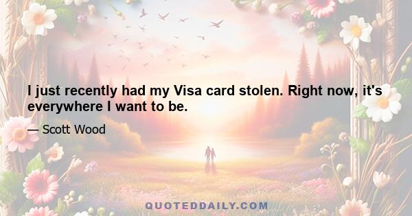 I just recently had my Visa card stolen. Right now, it's everywhere I want to be.