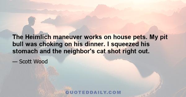 The Heimlich maneuver works on house pets. My pit bull was choking on his dinner. I squeezed his stomach and the neighbor's cat shot right out.