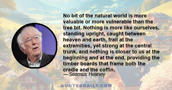 No bit of the natural world is more valuable or more vulnerable than the tree bit. Nothing is more like ourselves, standing upright, caught between heaven and earth, frail at the extremities, yet strong at the central