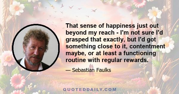 That sense of happiness just out beyond my reach - I'm not sure I'd grasped that exactly, but I'd got something close to it, contentment maybe, or at least a functioning routine with regular rewards.