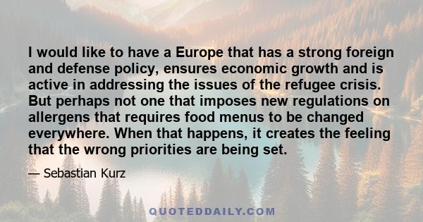 I would like to have a Europe that has a strong foreign and defense policy, ensures economic growth and is active in addressing the issues of the refugee crisis. But perhaps not one that imposes new regulations on