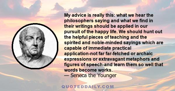 My advice is really this: what we hear the philosophers saying and what we find in their writings should be applied in our pursuit of the happy life. We should hunt out the helpful pieces of teaching and the spirited