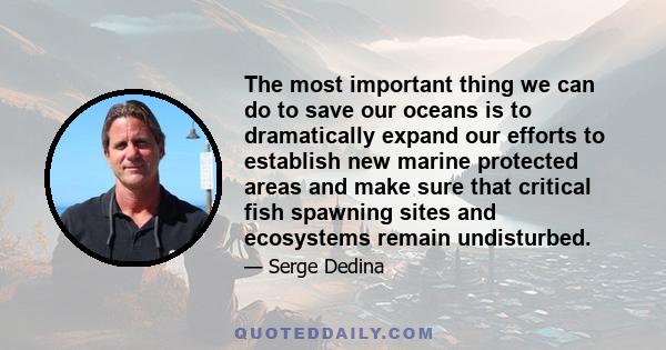 The most important thing we can do to save our oceans is to dramatically expand our efforts to establish new marine protected areas and make sure that critical fish spawning sites and ecosystems remain undisturbed.