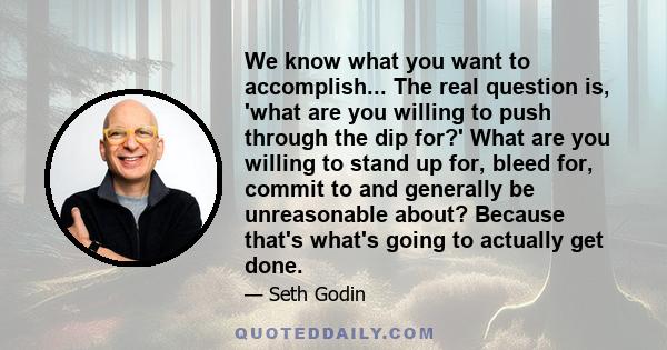 We know what you want to accomplish... The real question is, 'what are you willing to push through the dip for?' What are you willing to stand up for, bleed for, commit to and generally be unreasonable about? Because