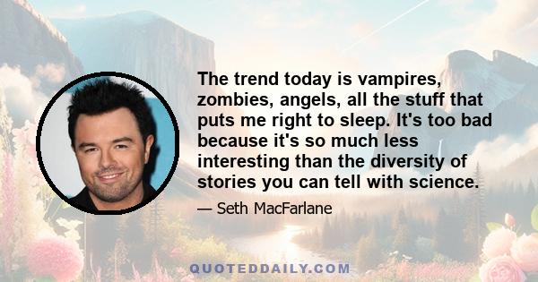 The trend today is vampires, zombies, angels, all the stuff that puts me right to sleep. It's too bad because it's so much less interesting than the diversity of stories you can tell with science.