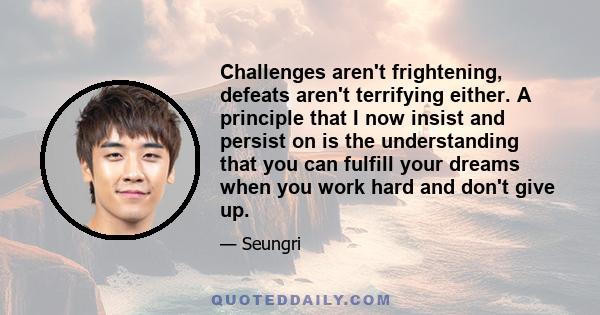 Challenges aren't frightening, defeats aren't terrifying either. A principle that I now insist and persist on is the understanding that you can fulfill your dreams when you work hard and don't give up.