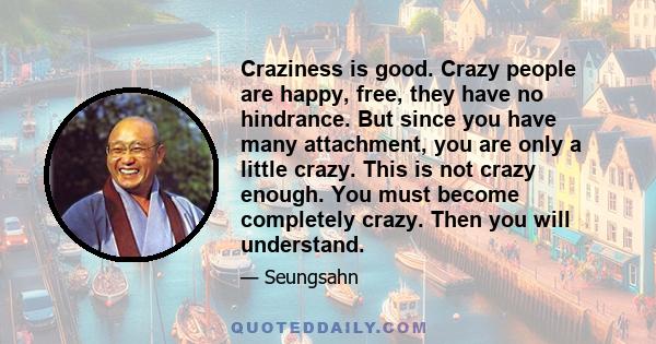 Craziness is good. Crazy people are happy, free, they have no hindrance. But since you have many attachment, you are only a little crazy. This is not crazy enough. You must become completely crazy. Then you will