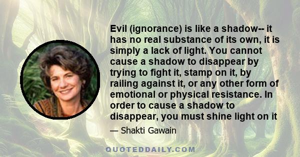 Evil (ignorance) is like a shadow-- it has no real substance of its own, it is simply a lack of light. You cannot cause a shadow to disappear by trying to fight it, stamp on it, by railing against it, or any other form