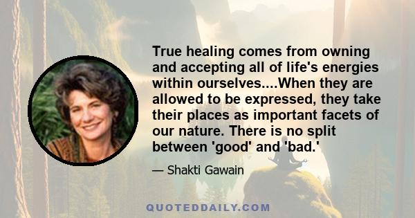 True healing comes from owning and accepting all of life's energies within ourselves....When they are allowed to be expressed, they take their places as important facets of our nature. There is no split between 'good'