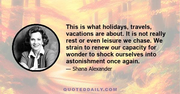 This is what holidays, travels, vacations are about. It is not really rest or even leisure we chase. We strain to renew our capacity for wonder to shock ourselves into astonishment once again.