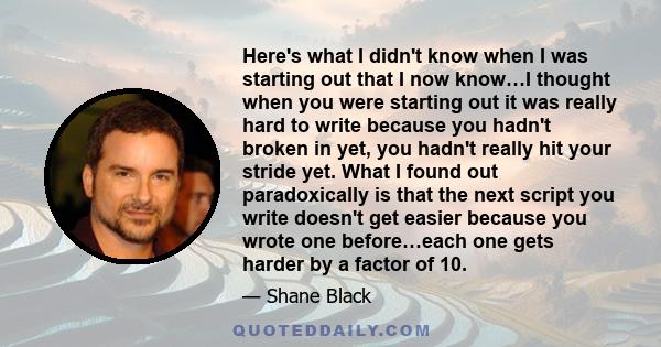 Here's what I didn't know when I was starting out that I now know…I thought when you were starting out it was really hard to write because you hadn't broken in yet, you hadn't really hit your stride yet. What I found