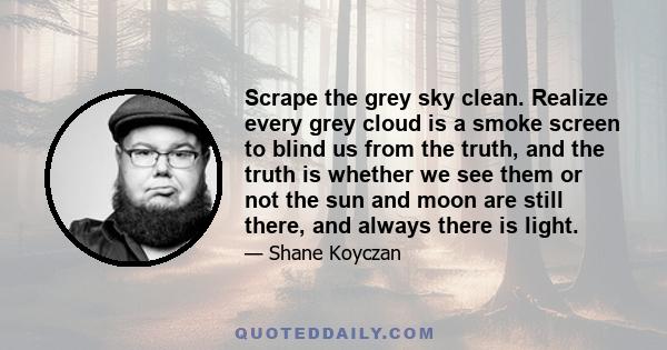 Scrape the grey sky clean. Realize every grey cloud is a smoke screen to blind us from the truth, and the truth is whether we see them or not the sun and moon are still there, and always there is light.