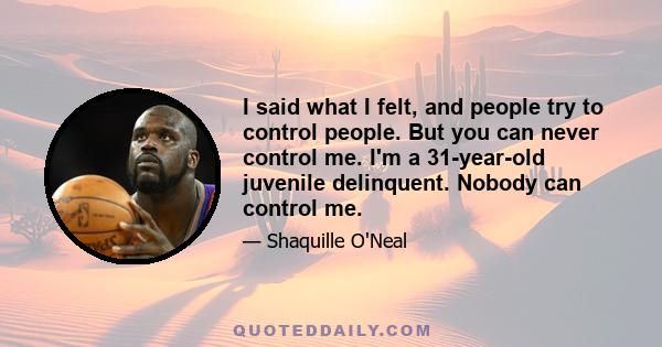 I said what I felt, and people try to control people. But you can never control me. I'm a 31-year-old juvenile delinquent. Nobody can control me.