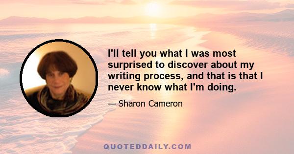 I'll tell you what I was most surprised to discover about my writing process, and that is that I never know what I'm doing.