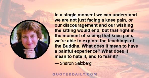 In a single moment we can understand we are not just facing a knee pain, or our discouragement and our wishing the sitting would end, but that right in the moment of seeing that knee pain, we're able to explore the