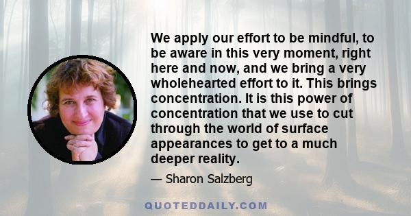 We apply our effort to be mindful, to be aware in this very moment, right here and now, and we bring a very wholehearted effort to it. This brings concentration. It is this power of concentration that we use to cut