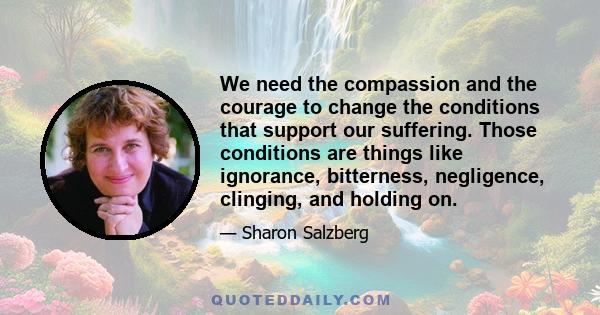 We need the compassion and the courage to change the conditions that support our suffering. Those conditions are things like ignorance, bitterness, negligence, clinging, and holding on.