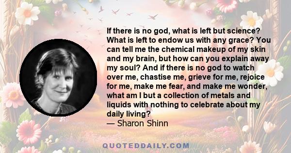 If there is no god, what is left but science? What is left to endow us with any grace? You can tell me the chemical makeup of my skin and my brain, but how can you explain away my soul? And if there is no god to watch