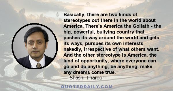 Basically, there are two kinds of stereotypes out there in the world about America. There's America the Goliath - the big, powerful, bullying country that pushes its way around the world and gets its ways, pursues its