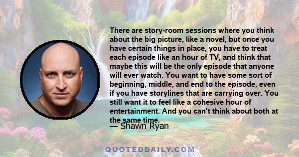 There are story-room sessions where you think about the big picture, like a novel, but once you have certain things in place, you have to treat each episode like an hour of TV, and think that maybe this will be the only 