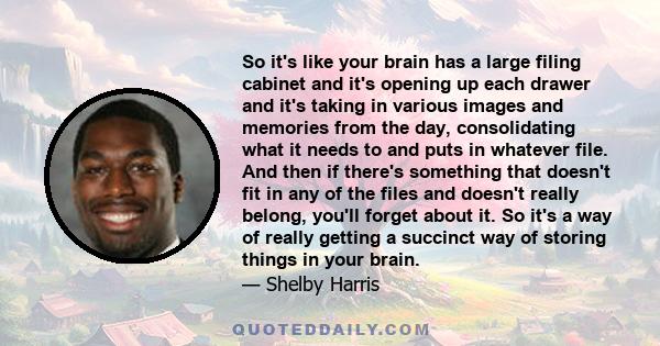 So it's like your brain has a large filing cabinet and it's opening up each drawer and it's taking in various images and memories from the day, consolidating what it needs to and puts in whatever file. And then if